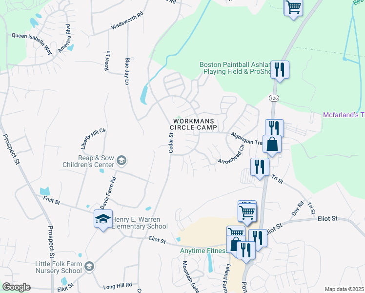 map of restaurants, bars, coffee shops, grocery stores, and more near 74 Captain Eames Circle in Ashland
