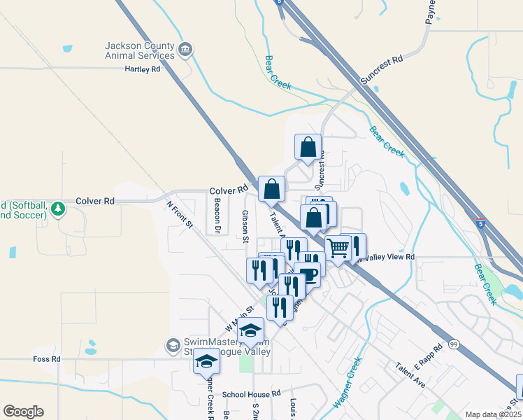 map of restaurants, bars, coffee shops, grocery stores, and more near 232 Gibson Street in Talent
