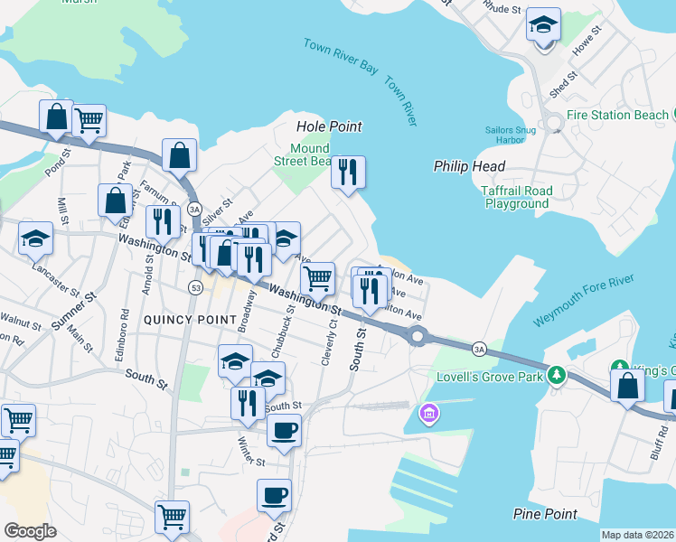 map of restaurants, bars, coffee shops, grocery stores, and more near 7 Lawn Avenue in Quincy