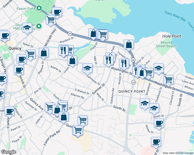 map of restaurants, bars, coffee shops, grocery stores, and more near 96 Lancaster Street in Quincy