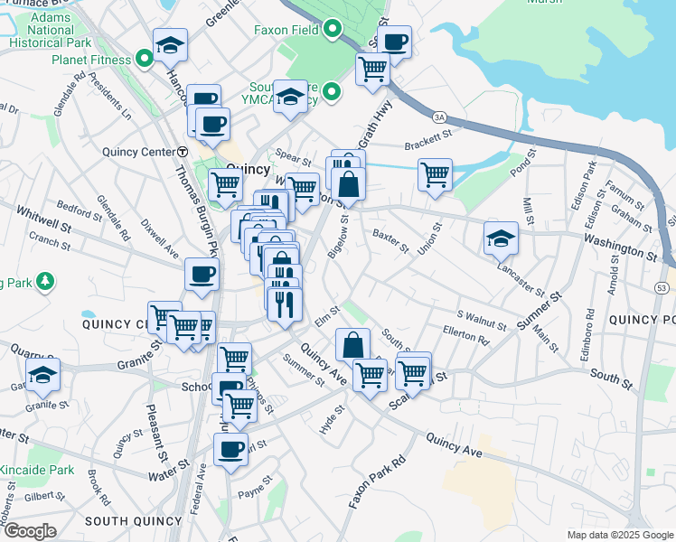 map of restaurants, bars, coffee shops, grocery stores, and more near 49 Miller Stile Road in Quincy