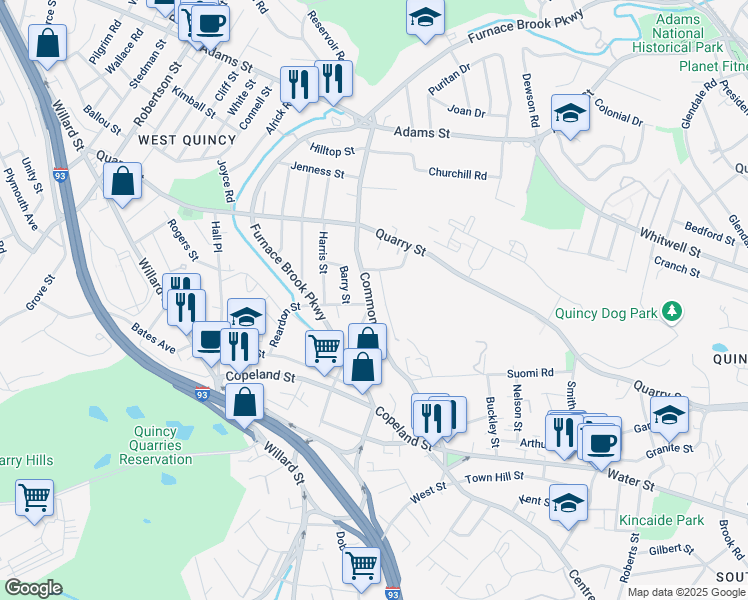 map of restaurants, bars, coffee shops, grocery stores, and more near 6 Reardon Street in Quincy