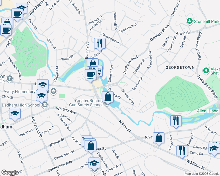map of restaurants, bars, coffee shops, grocery stores, and more near 28 Stormy Hill in Dedham