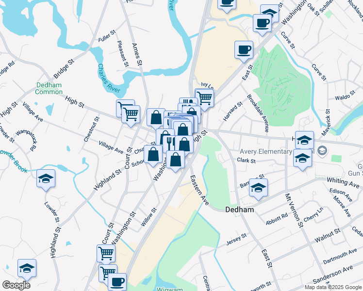 map of restaurants, bars, coffee shops, grocery stores, and more near 577 High Street in Dedham