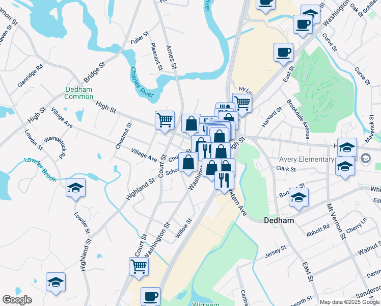 map of restaurants, bars, coffee shops, grocery stores, and more near 11 Franklin Square in Dedham