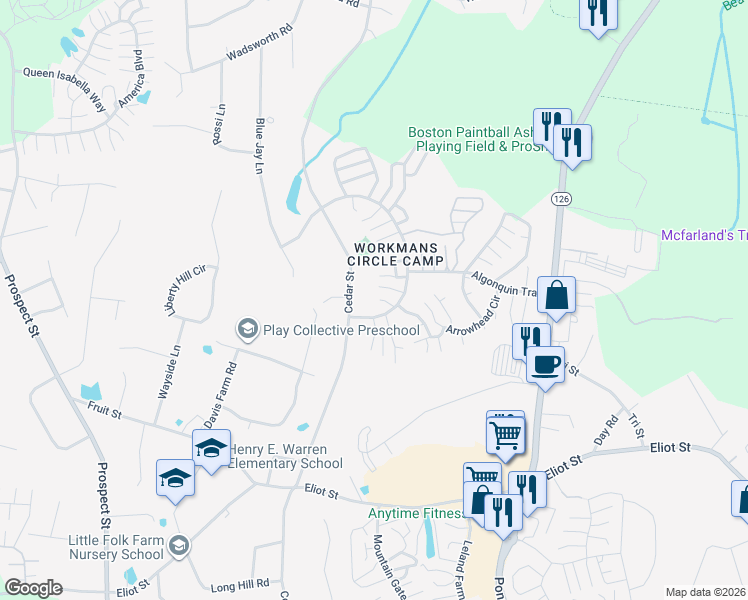 map of restaurants, bars, coffee shops, grocery stores, and more near 74 Captain Eames Circle in Ashland