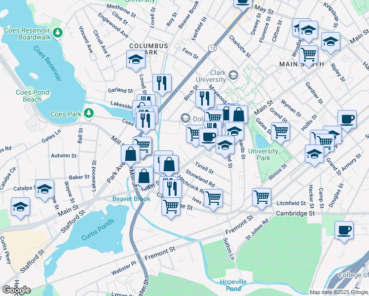 map of restaurants, bars, coffee shops, grocery stores, and more near 4 Agawam Street in Worcester