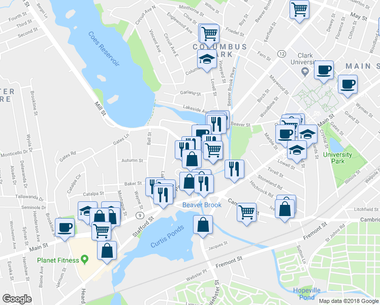 map of restaurants, bars, coffee shops, grocery stores, and more near 7 South Buffum Street in Worcester