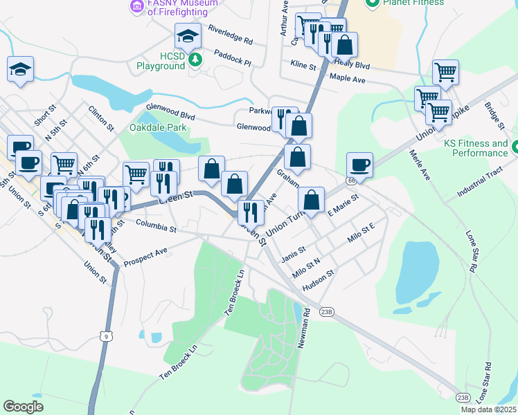 map of restaurants, bars, coffee shops, grocery stores, and more near 13 Aitken Avenue in Hudson
