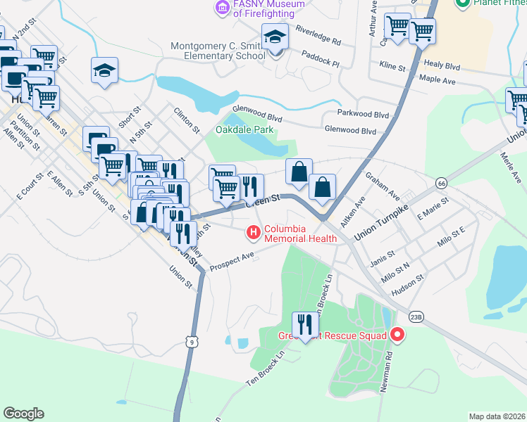 map of restaurants, bars, coffee shops, grocery stores, and more near 15 McKinstry Place in Hudson