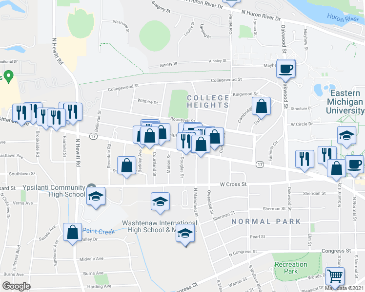 map of restaurants, bars, coffee shops, grocery stores, and more near 1638 Washtenaw Avenue in Ypsilanti