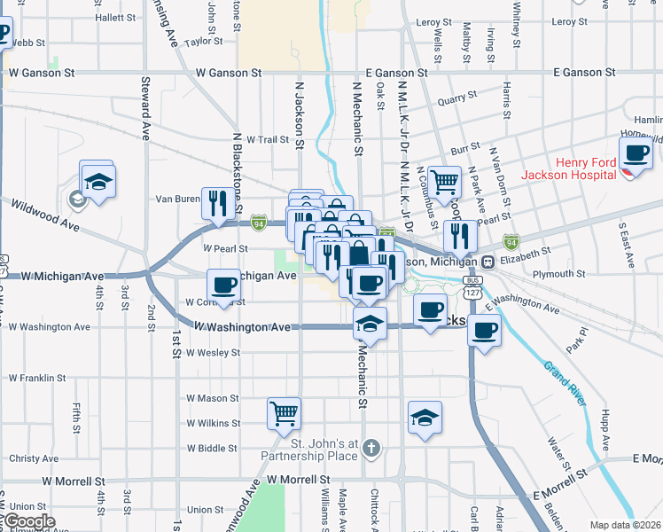 map of restaurants, bars, coffee shops, grocery stores, and more near 161 West Michigan Avenue in Jackson