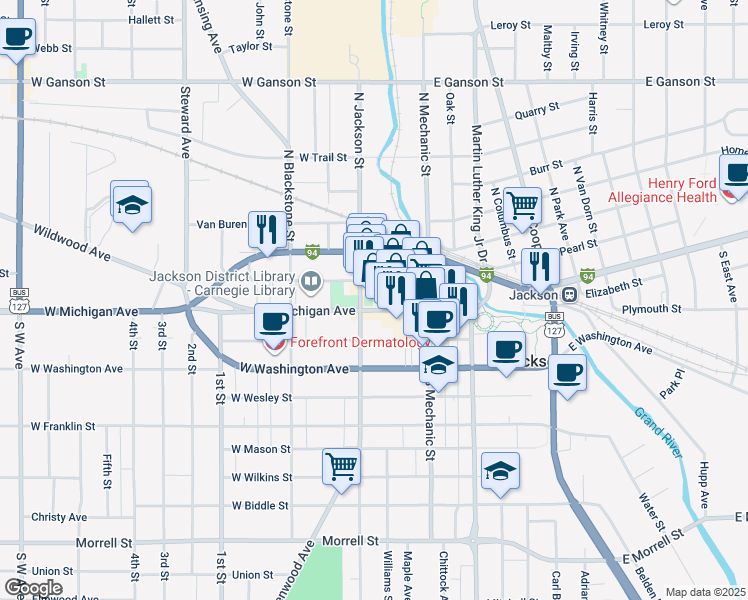 map of restaurants, bars, coffee shops, grocery stores, and more near 161 West Michigan Avenue in Jackson