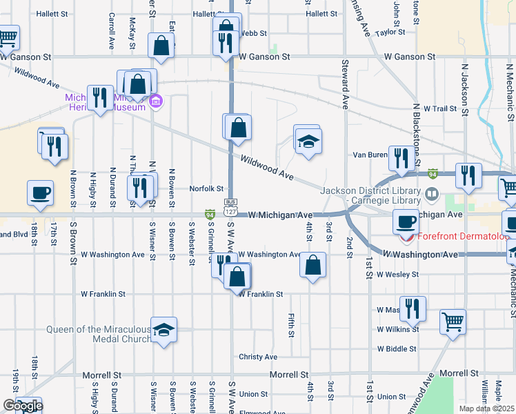 map of restaurants, bars, coffee shops, grocery stores, and more near 806 West Michigan Avenue in Jackson