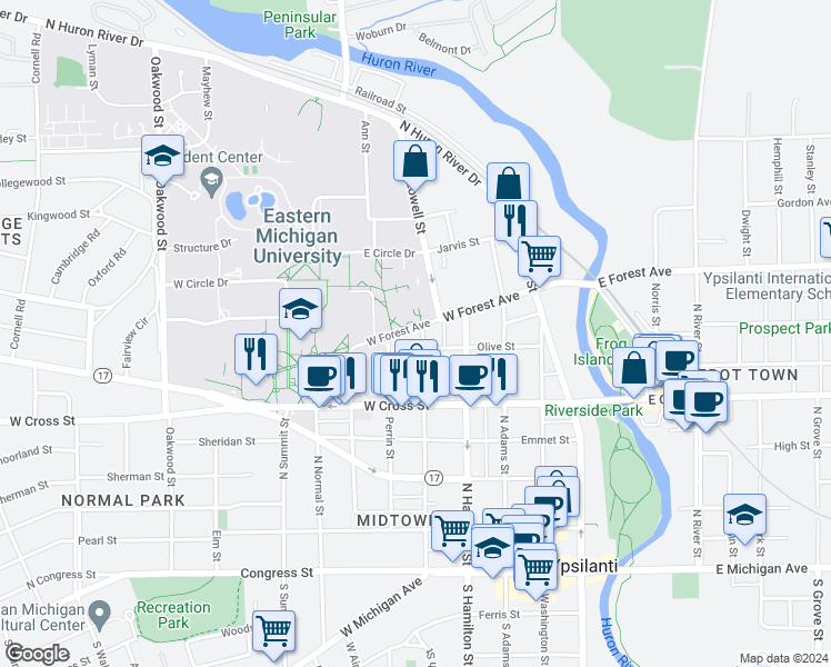 map of restaurants, bars, coffee shops, grocery stores, and more near 501 West Forest Avenue in Ypsilanti