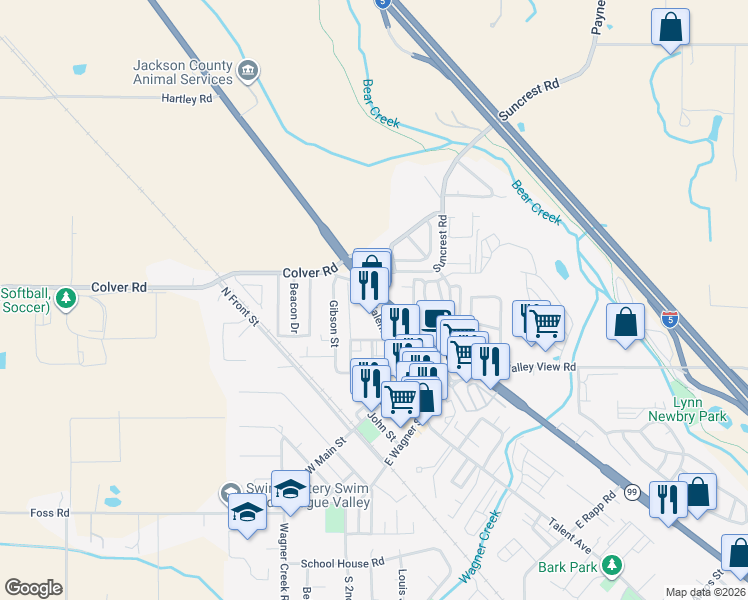 map of restaurants, bars, coffee shops, grocery stores, and more near 21 Talent Avenue in Talent