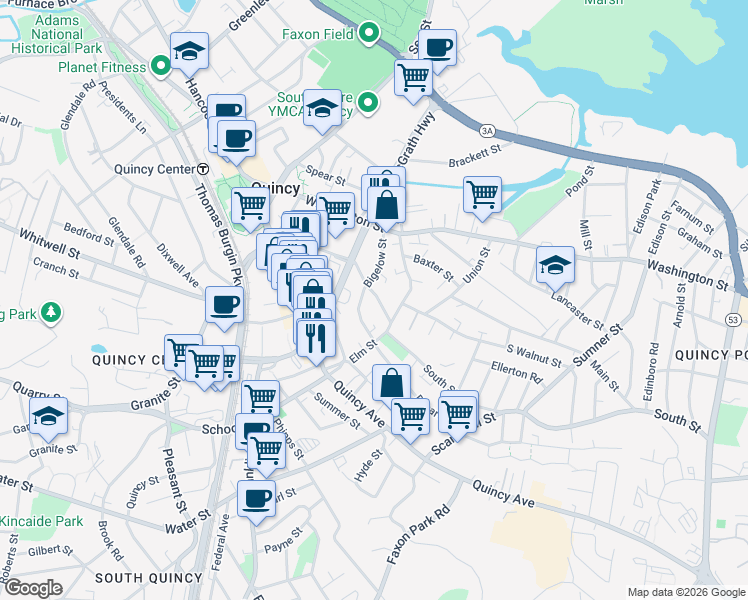 map of restaurants, bars, coffee shops, grocery stores, and more near 49 Miller Stile Road in Quincy