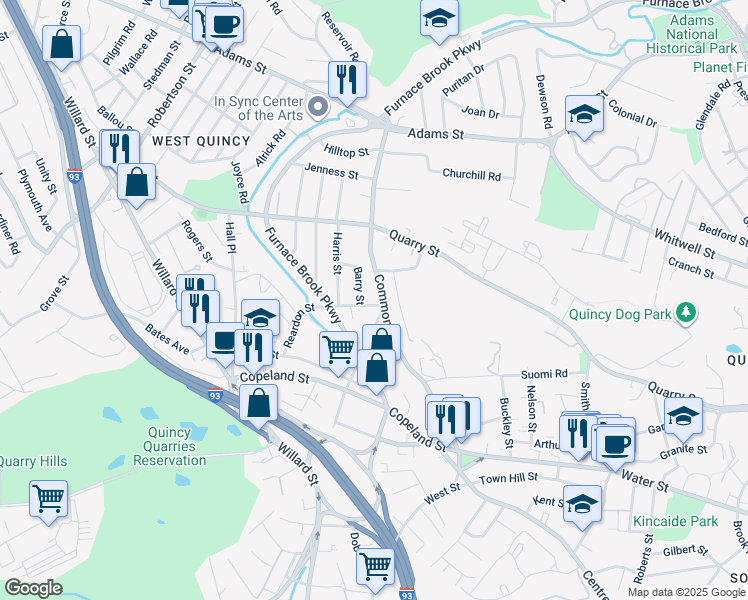 map of restaurants, bars, coffee shops, grocery stores, and more near 6 Reardon Street in Quincy