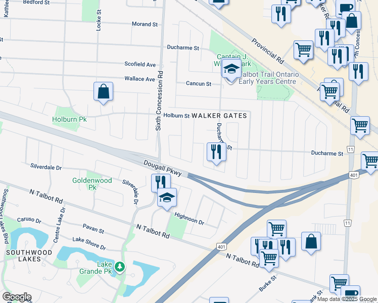 map of restaurants, bars, coffee shops, grocery stores, and more near 4225 Spago Crescent in Windsor