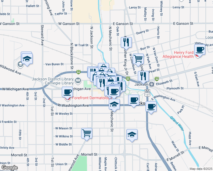 map of restaurants, bars, coffee shops, grocery stores, and more near 120 West Michigan Avenue in Jackson