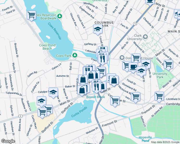map of restaurants, bars, coffee shops, grocery stores, and more near 7 South Buffum Street in Worcester