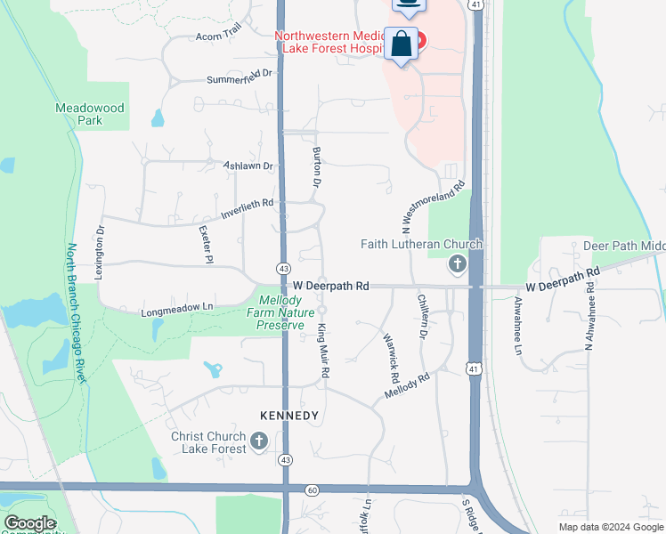 map of restaurants, bars, coffee shops, grocery stores, and more near 435 King Muir Road in Lake Forest