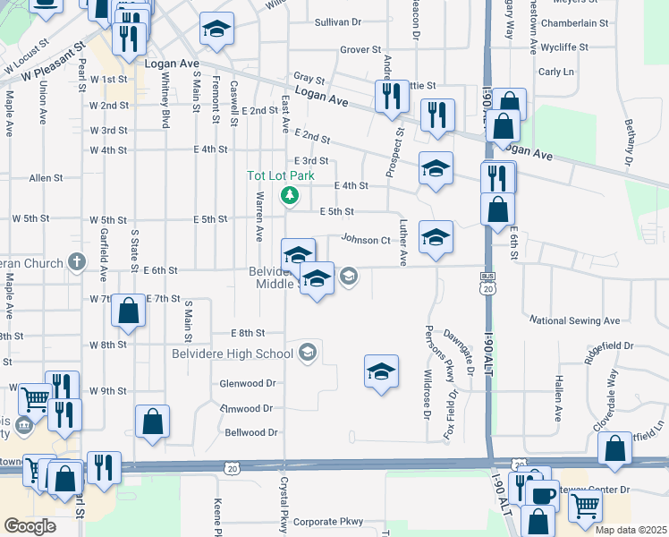 map of restaurants, bars, coffee shops, grocery stores, and more near 919 East 6th Street in Belvidere