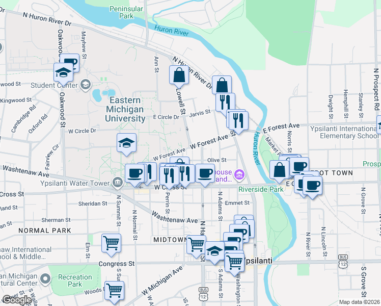 map of restaurants, bars, coffee shops, grocery stores, and more near 502 Ballard Street in Ypsilanti