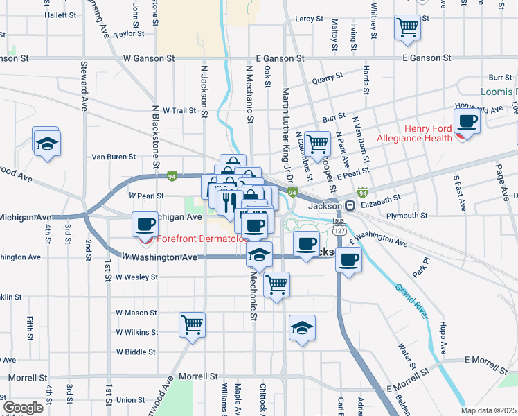 map of restaurants, bars, coffee shops, grocery stores, and more near 125 East Michigan Avenue in Jackson
