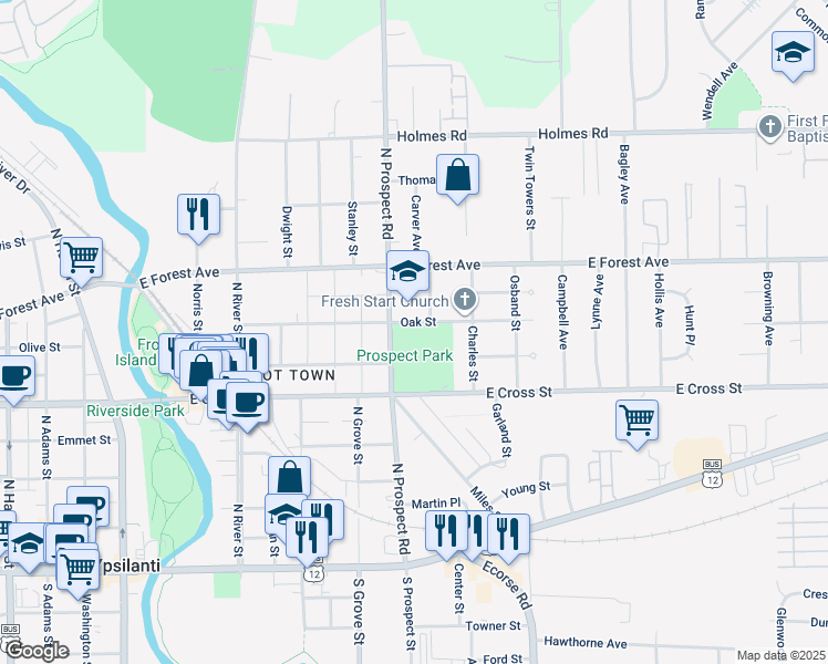 map of restaurants, bars, coffee shops, grocery stores, and more near 550 North Prospect Road in Ypsilanti