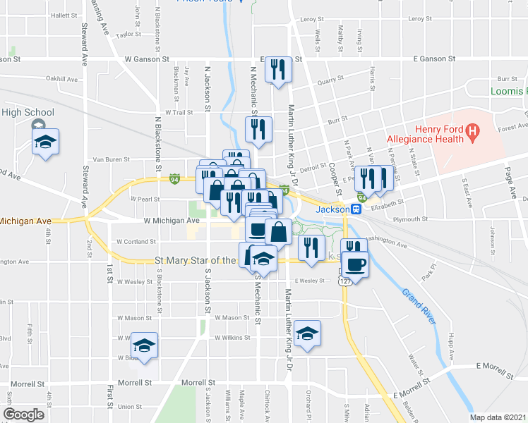 map of restaurants, bars, coffee shops, grocery stores, and more near 1 North Jackson Street in Jackson