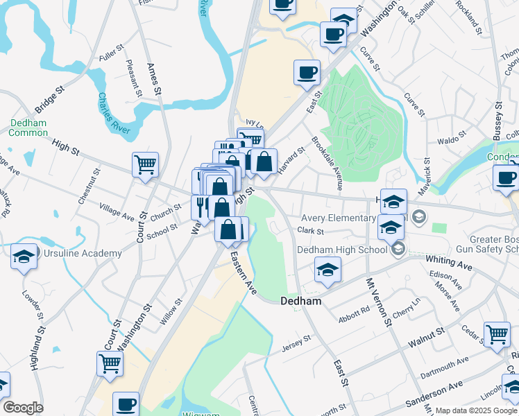 map of restaurants, bars, coffee shops, grocery stores, and more near 500 High Street in Dedham