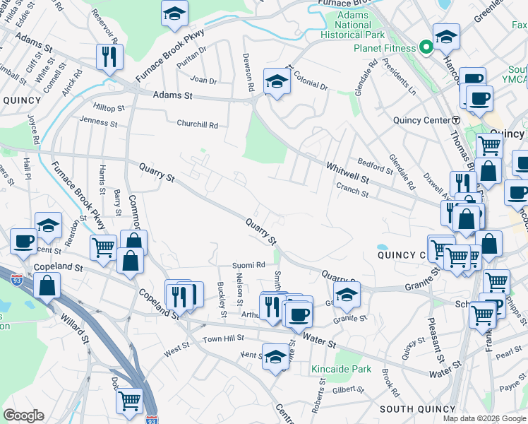 map of restaurants, bars, coffee shops, grocery stores, and more near 2 Avalon Drive in Quincy