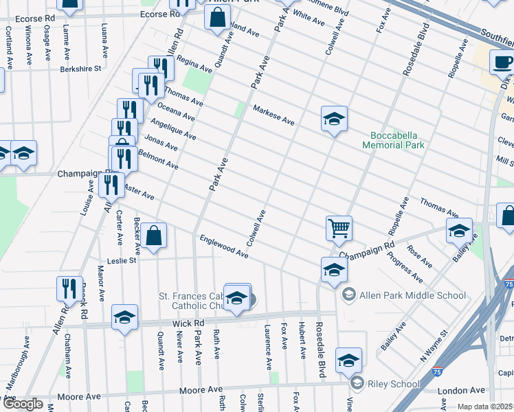 map of restaurants, bars, coffee shops, grocery stores, and more near 15204 Champaign Road in Allen Park