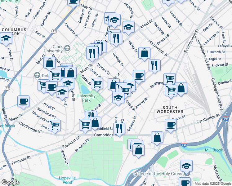map of restaurants, bars, coffee shops, grocery stores, and more near 25 Illinois Street in Worcester