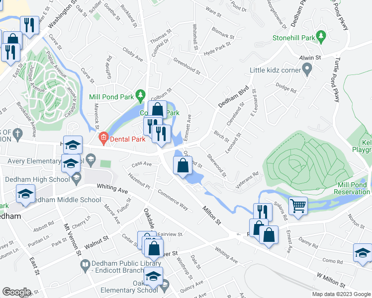 map of restaurants, bars, coffee shops, grocery stores, and more near 28 Stormy Hill in Dedham