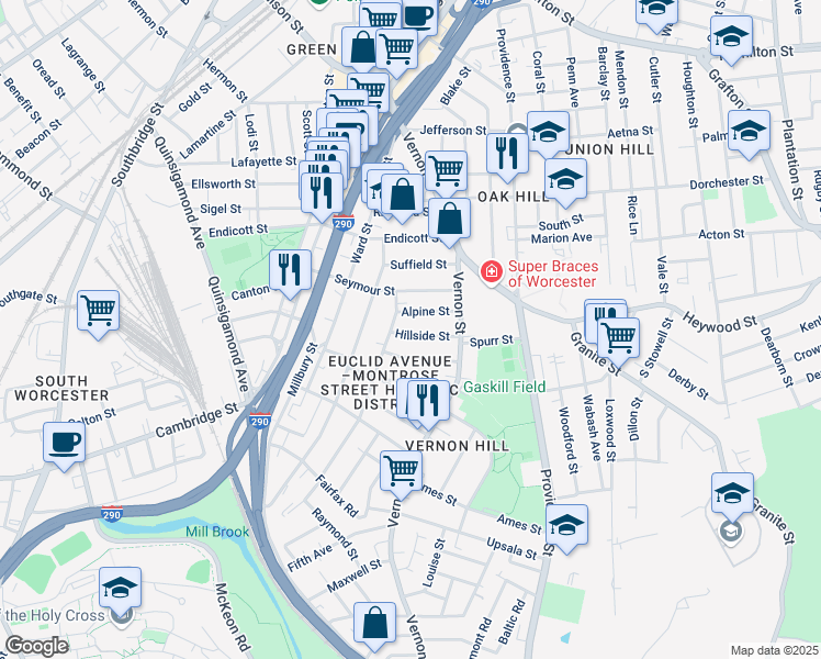 map of restaurants, bars, coffee shops, grocery stores, and more near 15 Hillside Street in Worcester
