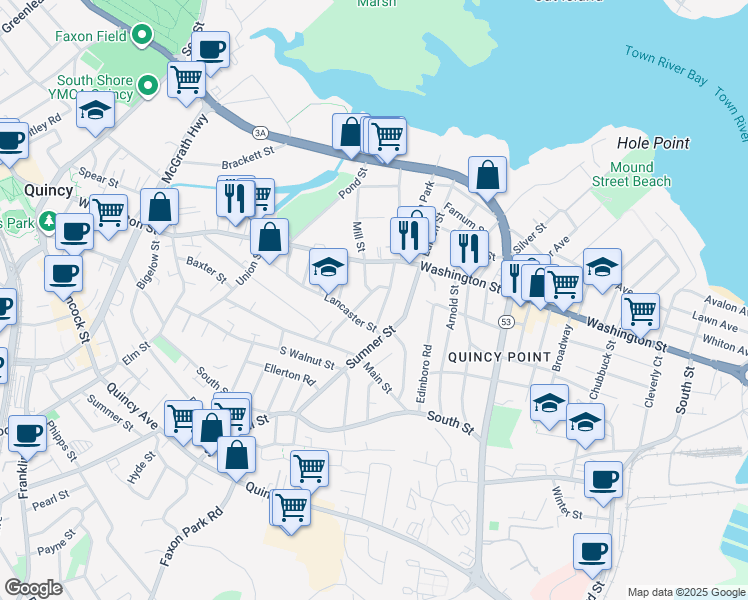 map of restaurants, bars, coffee shops, grocery stores, and more near 96 Lancaster Street in Quincy