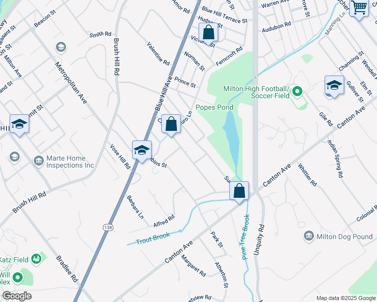 map of restaurants, bars, coffee shops, grocery stores, and more near 83 Craig Street in Milton