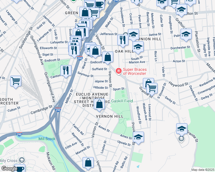 map of restaurants, bars, coffee shops, grocery stores, and more near 105 Vernon Street in Worcester