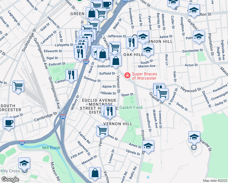 map of restaurants, bars, coffee shops, grocery stores, and more near 8A Hillside Street in Worcester