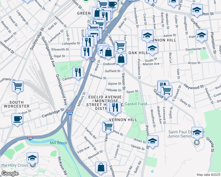 map of restaurants, bars, coffee shops, grocery stores, and more near 8A Hillside Street in Worcester