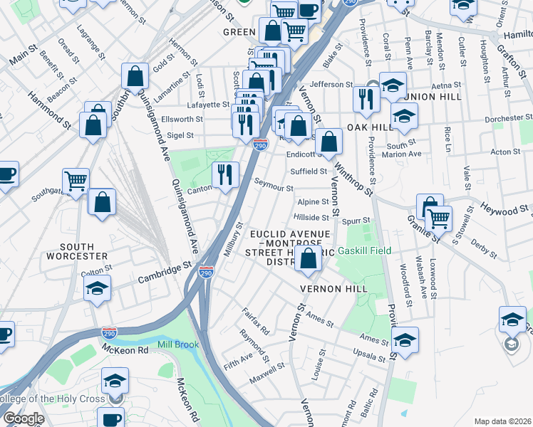 map of restaurants, bars, coffee shops, grocery stores, and more near 84 Perry Avenue in Worcester