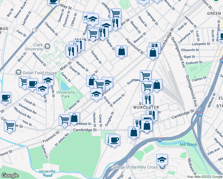 map of restaurants, bars, coffee shops, grocery stores, and more near 64 Southgate Place in Worcester