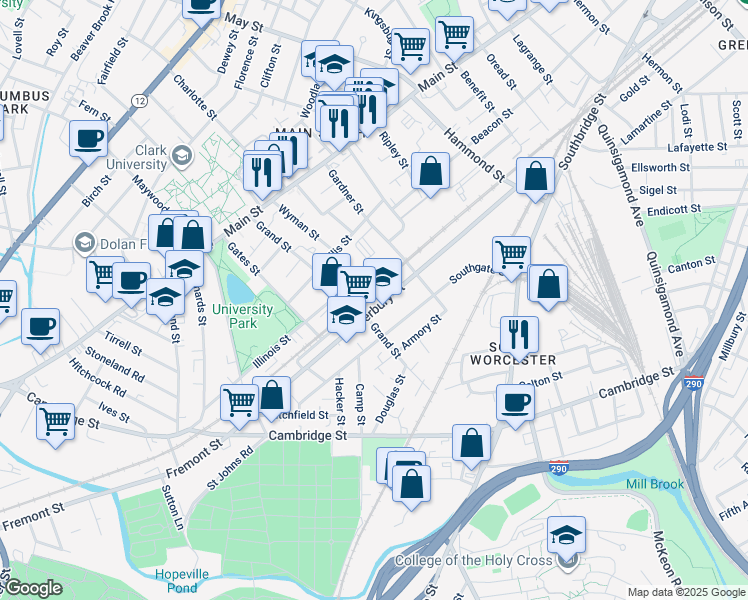 map of restaurants, bars, coffee shops, grocery stores, and more near 1088 Walpole Street in Worcester