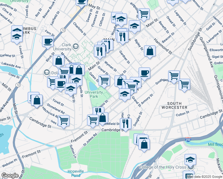 map of restaurants, bars, coffee shops, grocery stores, and more near 51 Illinois Street in Worcester