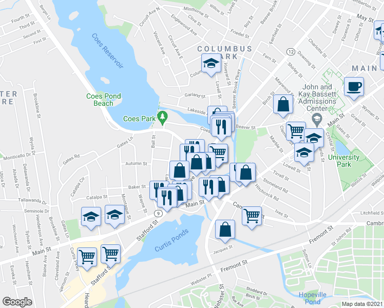 map of restaurants, bars, coffee shops, grocery stores, and more near 7 South Buffum Street in Worcester