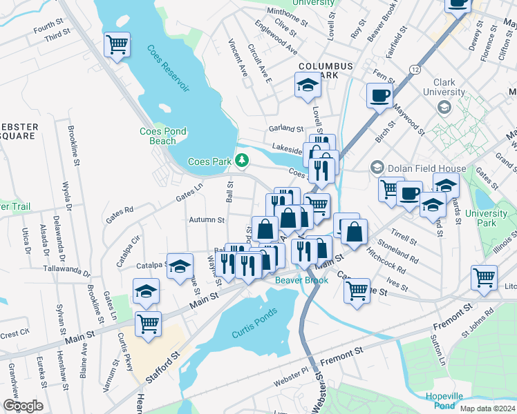 map of restaurants, bars, coffee shops, grocery stores, and more near 72 Lakewood Street in Worcester