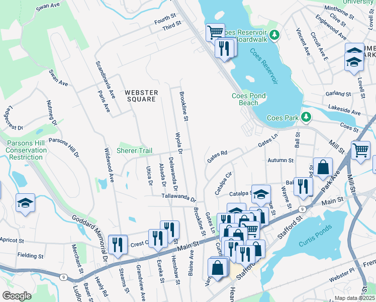 map of restaurants, bars, coffee shops, grocery stores, and more near 115 Brookline Street in Worcester