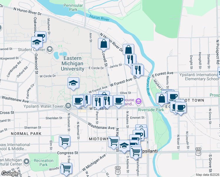 map of restaurants, bars, coffee shops, grocery stores, and more near 502 Ballard Street in Ypsilanti